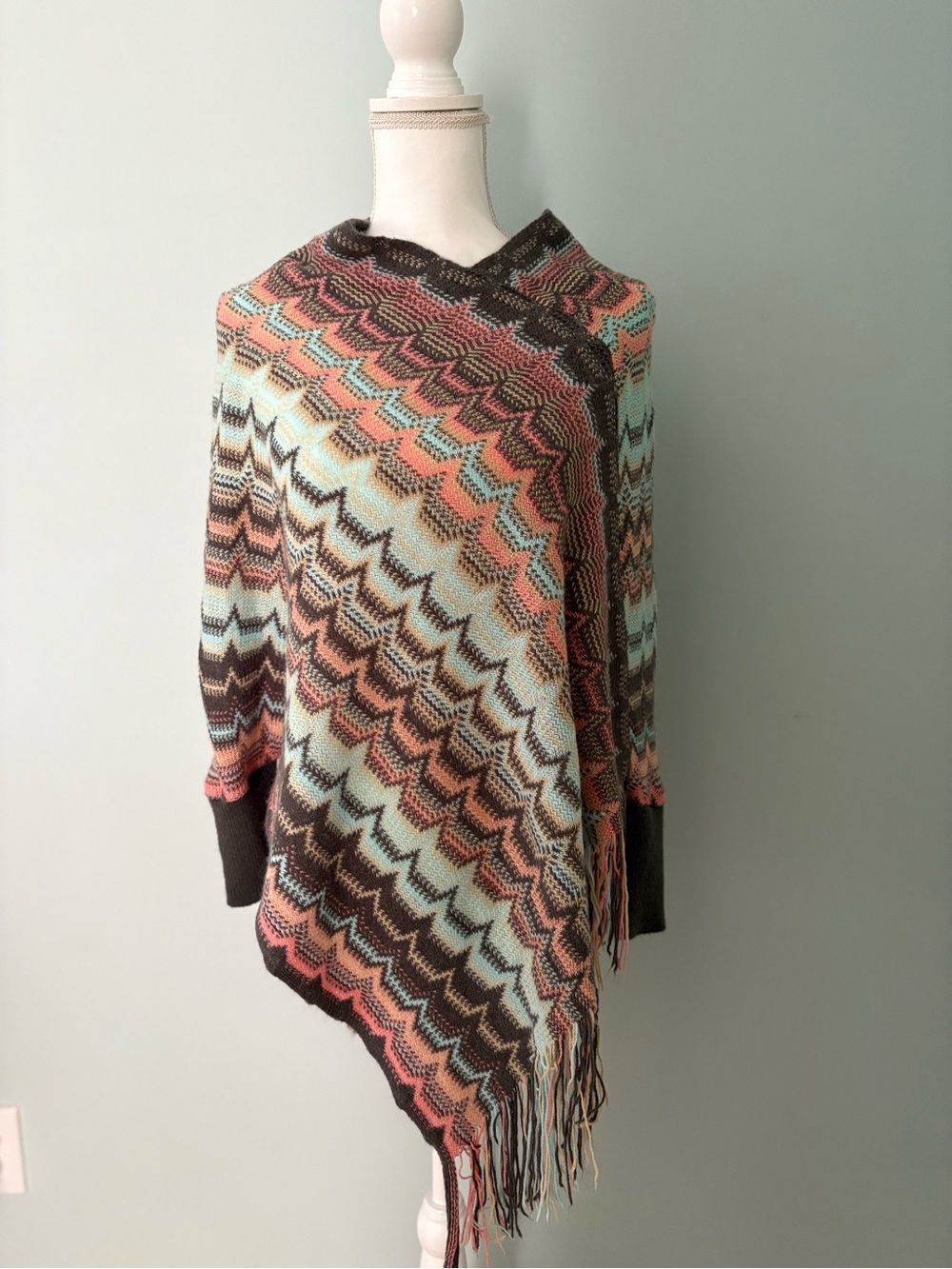 Bow & Arrow Knitwear Chevron Knit Fringe Poncho in Gray, Tan, Coral & Mint